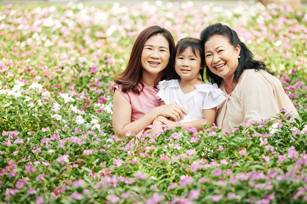 幸せな小さなベトナム人の女の子座っています上の牧草地の花の間で彼女の母親と祖母 — ストック写真