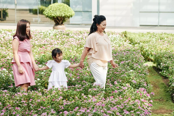 Asian Mother Grandmother Holding Hands Cute Little Girl Walking Her — Stock Photo, Image