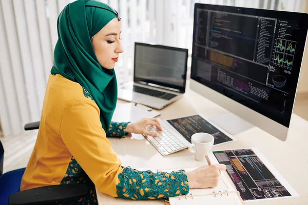Mladá Muslimka Vývojářka Softwaru Pracuje Programovacím Kódu Dělá Poznámky Plánovači — Stock fotografie