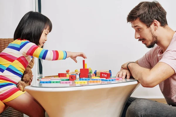 Young Father Daughter Enjoying Playing Colorful Wooden Blocks — Stock Photo, Image