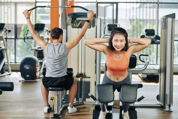 Cheerful Young Pretty Asian Woman Doing Hypertension Gym Her Boyfriend — Stock Photo, Image