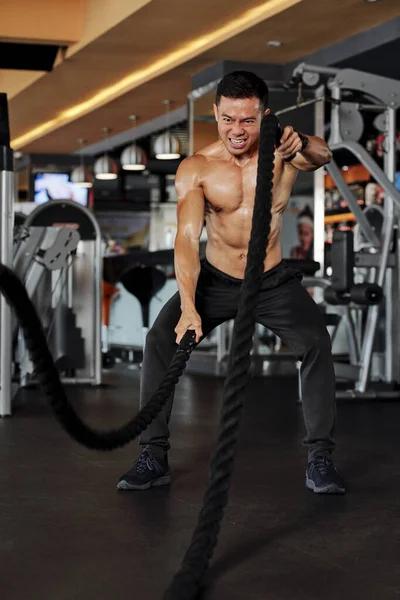 Strong Powerful Sportsman Exercising Battle Ropes Improve Stability Both Upper — Stock Photo, Image