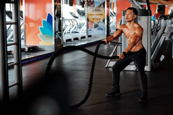 Apto Homem Desfrutando Treinamento Funcional Trabalhando Com Cordas Batalha Para — Fotografia de Stock