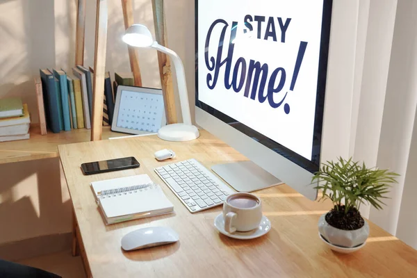 Stay Home Inscription Screen Computer Person Working Home Pandemic — Stock Photo, Image