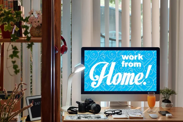 Computer Monitor Work Home Inscription Desk Freelancer Home — Stock Photo, Image