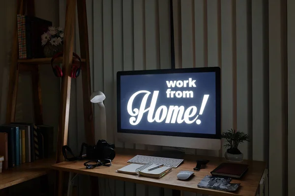 Dark Home Office Freelance Photographer Computer Work Home Inscription — Stock Photo, Image