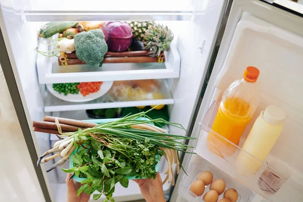 女人的手在冰箱里装食物 在架子上放上新鲜蔬菜的盘子 — 图库照片