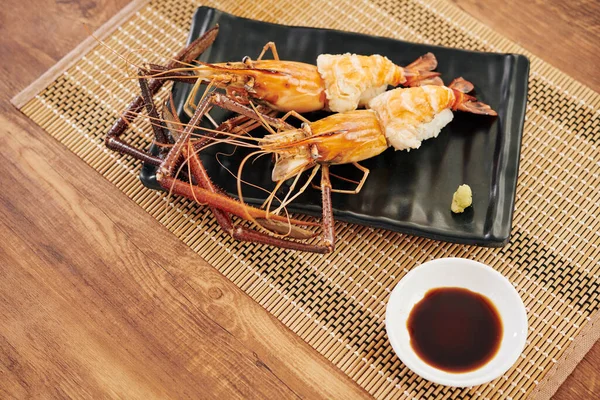 Served Tasty Cooked Spiny Lobsters Small Dish Soy Sauce Bamboo — Stock Photo, Image