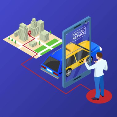 Isometric Online Taxi sipariş ediyor ve çevrimiçi taksi çağırıyor. İniş sayfası için mobil uygulama kavramı. Sokak trafiği, park, şehir ulaşımı, akıllı telefon ve dokunmatik ekrandaki GPS güzergahı lobutları