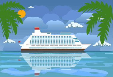 Adaları ve plaj manzara. Cruise gemisi gemi. Gün tropik bir yerde. Düz stil vektör çizim