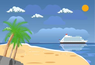 Adaları ve plaj manzara. Cruise gemisi gemi. Yansıma su ve bulutlar güneş. Gün tropik bir yerde. Düz stil vektör çizim