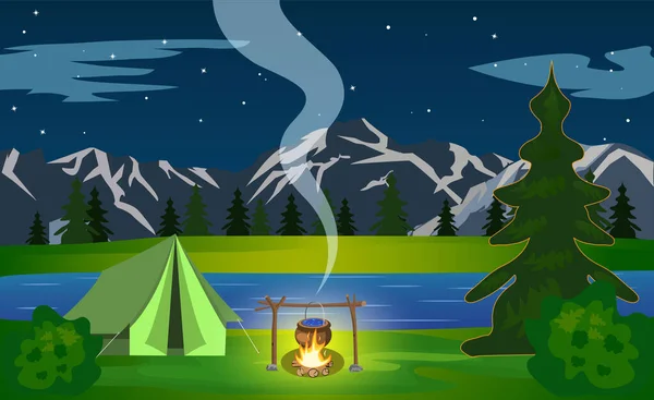 森の背景で焚き火とテント 野生の自然の屋外のキャンプのコンセプト 夏の旅行 — ストックベクタ