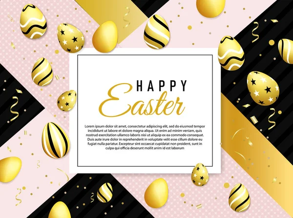 Tarjeta Pascua Con Marco Cuadrado Huevos Dorados Confeti Sobre Colorido — Vector de stock