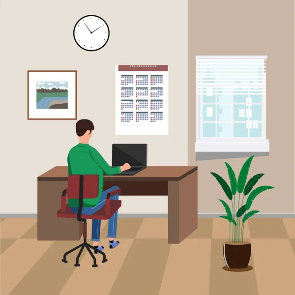 Working Home Young Man Works Computer Home Funny Vector Illustration — Stock Vector