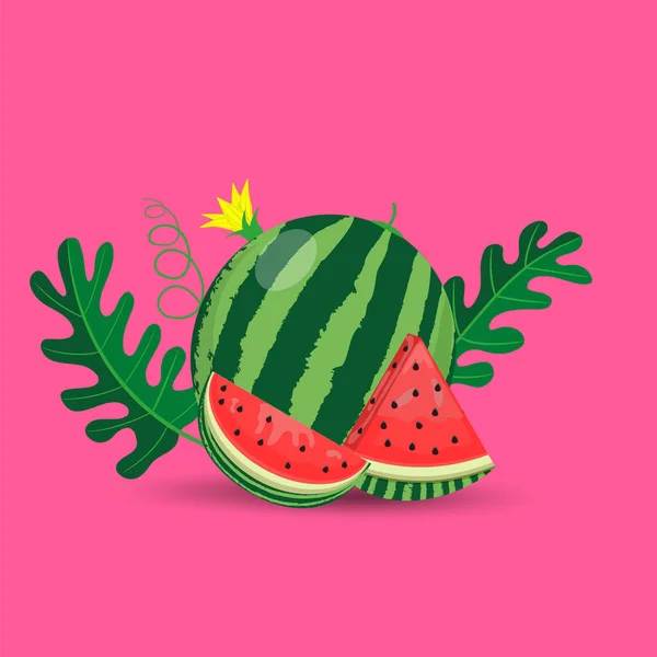 Wassermelone Und Saftige Scheiben Grüne Blätter Und Gelbe Wassermelonenblütenvektorillustration Flachem — Stockvektor