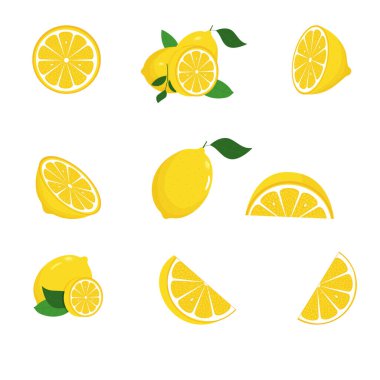 Yeşil yapraklı taze limon meyveleri. Hazır ol. Tam limon dilimi, limon dilimi, kesme yolu beyaz arka planda izole. Sarı. Citrus. Doodle Minimal tarzı. Siyah çizgi. Vektör illüstrasyonu.