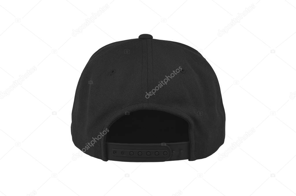 Blank flat snap back hat black back view on white background