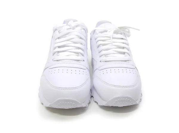 White Leather Shoes Sneakers White Background — Stock Photo, Image