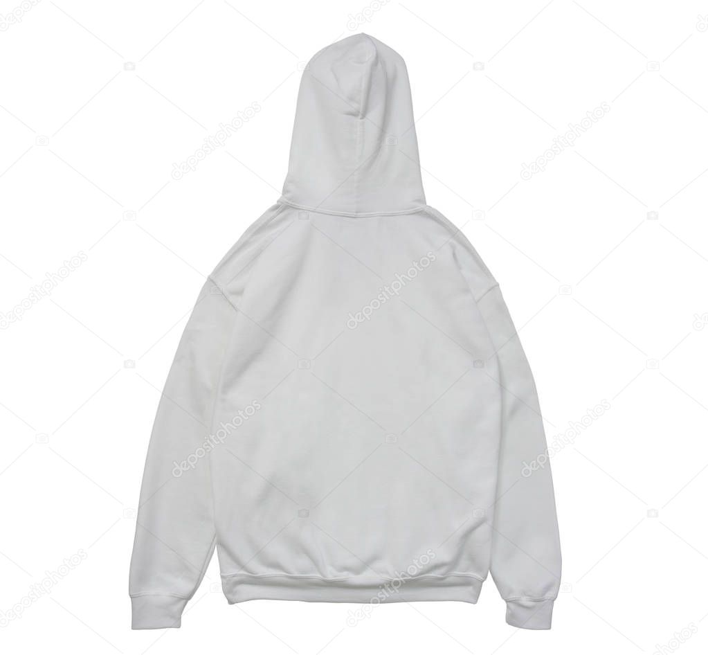 blank hoodie sweatshirt color white back view on white background