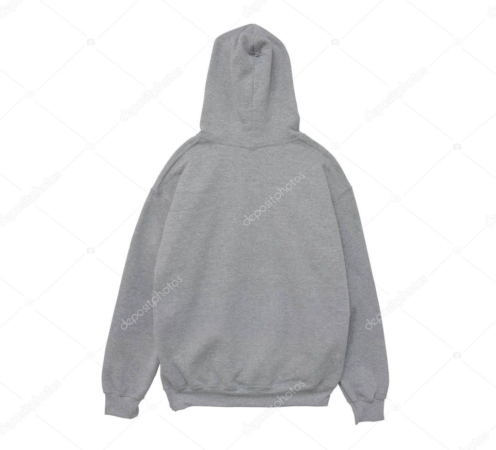 blank hoodie sweatshirt color grey back view on white background