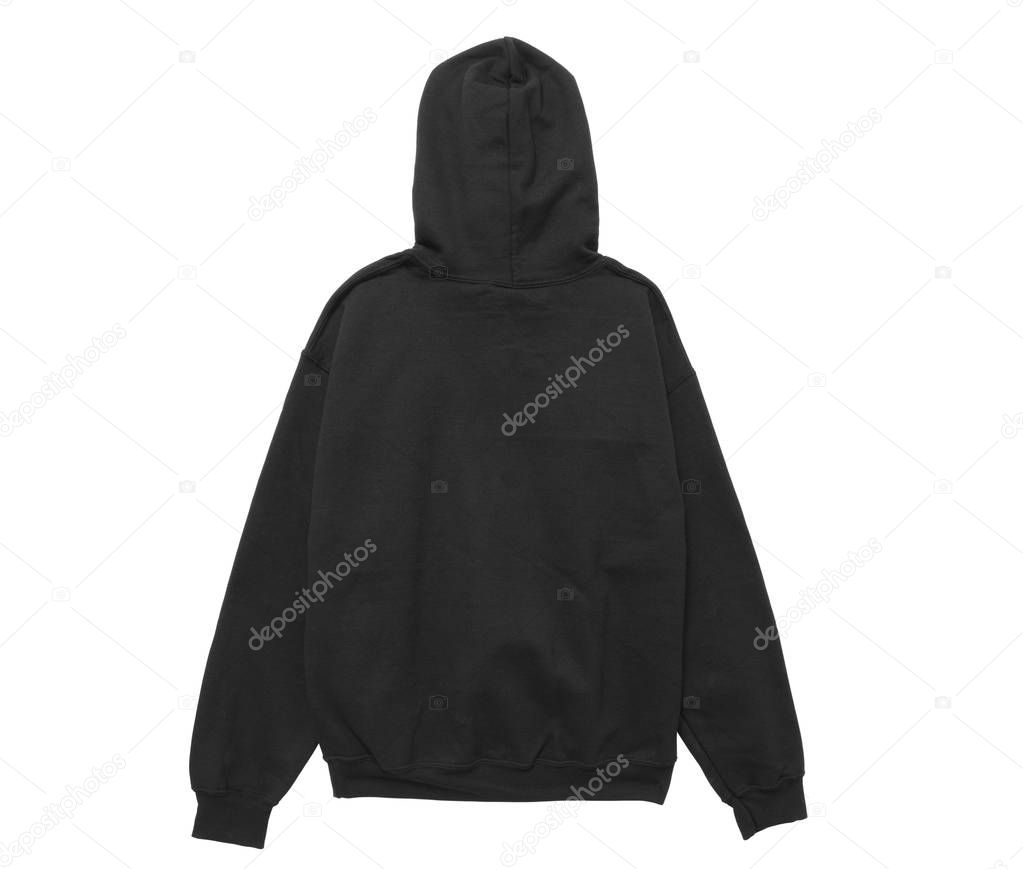 blank hoodie sweatshirt color black back view on white background