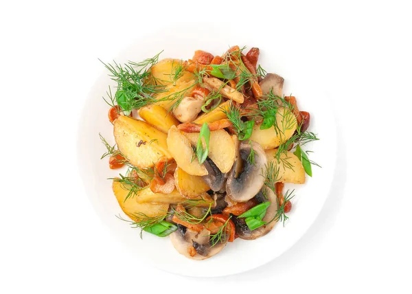 Baked potato wedges sliced with mushrooms and herbs. On a white plate. View from above. White background. Isolated. — Stock Photo, Image