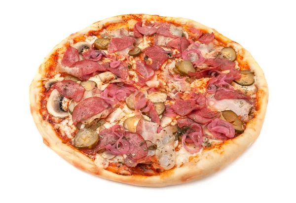 Pizza Com Champinhons Frescos Bacon Salame Pepinos Conserva Cebolas Vermelhas — Fotografia de Stock