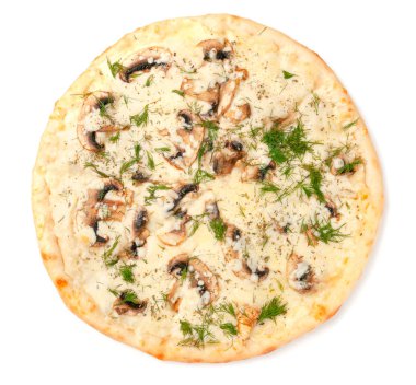 Mantarlı pizza. Mozzarella peyniri, mantar ve dereotu. Beyaz arka plan. İzole edilmiş. Yakın plan..