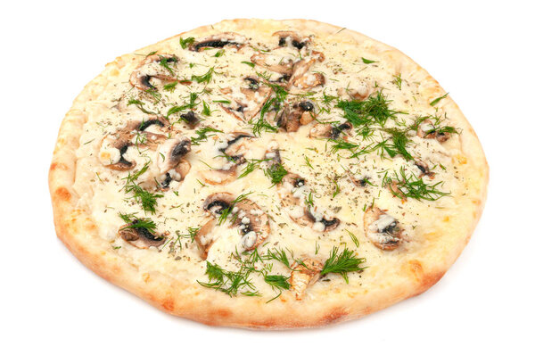 Pizza with mushrooms. Mozzarella cheese, champignons and dill. White background. Isolated. Close-up.