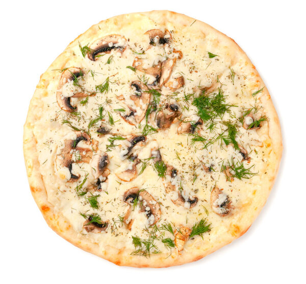 Pizza with mushrooms. Mozzarella cheese, mushrooms and dill . White background. Isolated. Close-up.