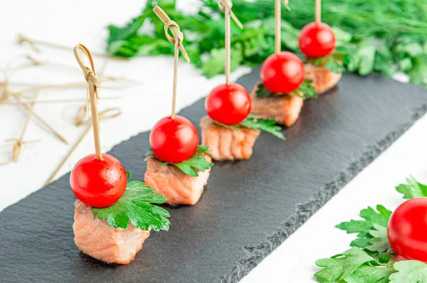 Canapes Fried Trout Cherry Tomatoes Parsley Dark Slate Board Close — Stock Photo, Image