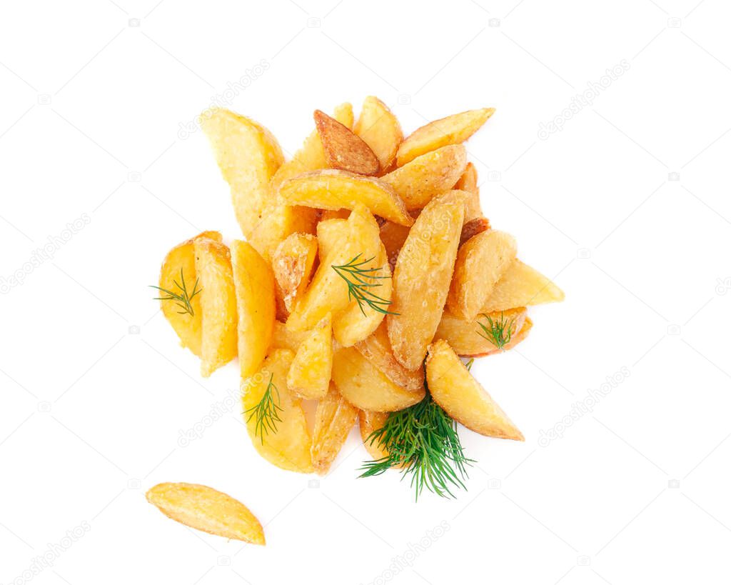 Baked potato wedges with spices and dill. Close-up. White background. Isolated. View from above.