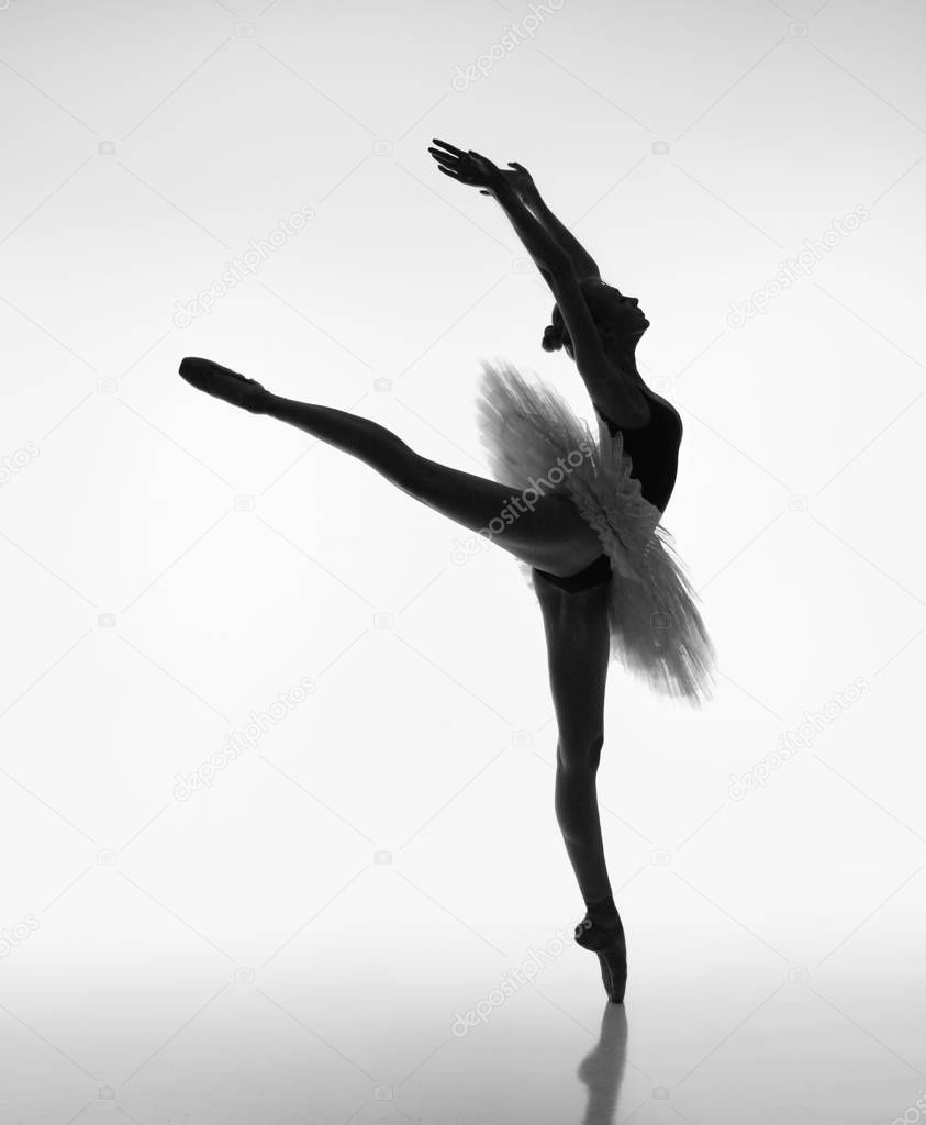 Ballerina in ballet tutu and pointe shoes dancing. Ballerina silhouette.
