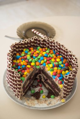 cake with bright multi-colored candies on a dish