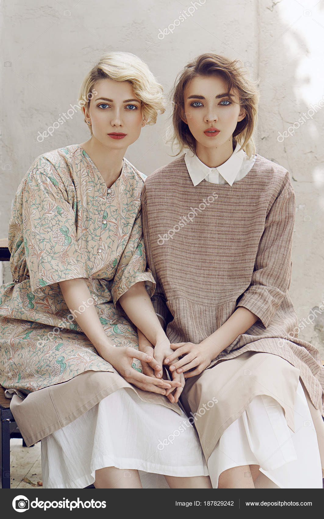 Close Portrait Pretty Sensual Women Short Hair Vintage Dresses