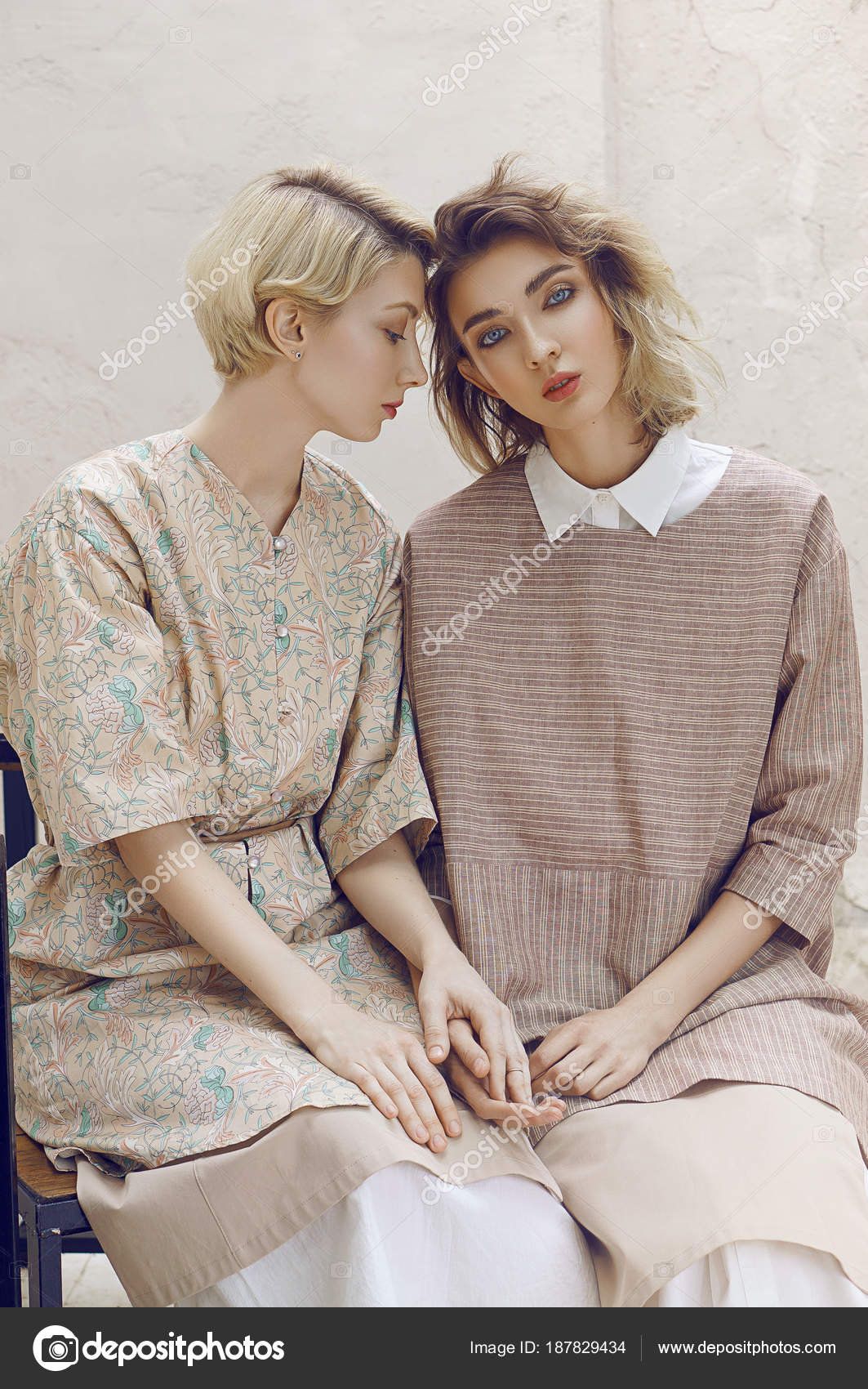 Close Portrait Pretty Sensual Women Short Hair Vintage Dresses