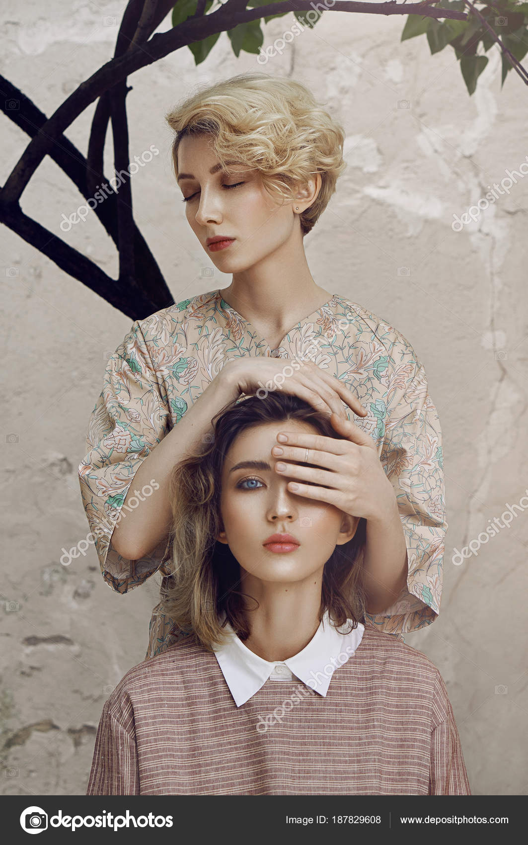 Close Portrait Pretty Sensual Women Short Hair Vintage Dresses