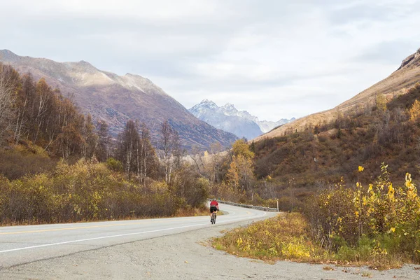 A cyclist biking down a road in the Alaskan mountains in autumn. Clouds overhead, double yellow line in center.
