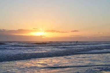 Gün doğumunda uçuş halinde bir deniz martı, altın bulutlardan gelen güneşten gelen güzel ışınlar ve deniz dalgalarının çarpmasıyla.