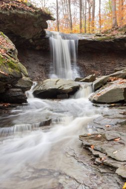 Kayalık vadi Cuyahoga Vadisi Milli Parkı, üzerinden akan acele bir şelale. Sonbahardayız ve sarı yapraklar arasında yere dağılmış.