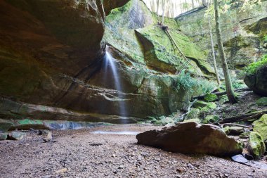 Hocking Hills 'teki bir kaya çıkıntısının üzerinden çağlayan bir şelale. Bereketli bir yaz, çoğu eğrelti otları yakınlarda gelişiyor..