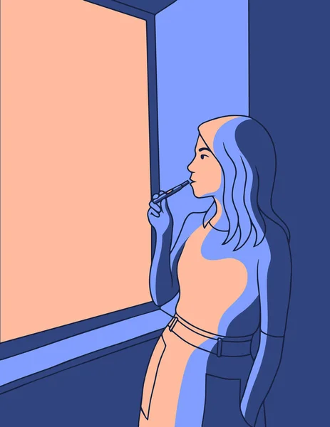 Vektor-Illustration einer jungen Frau, die nachts bei offenem Fenster iqos E-Zigarette raucht. Frau mit Zigarette, allein. flacher Cartoon-Stil — Stockvektor
