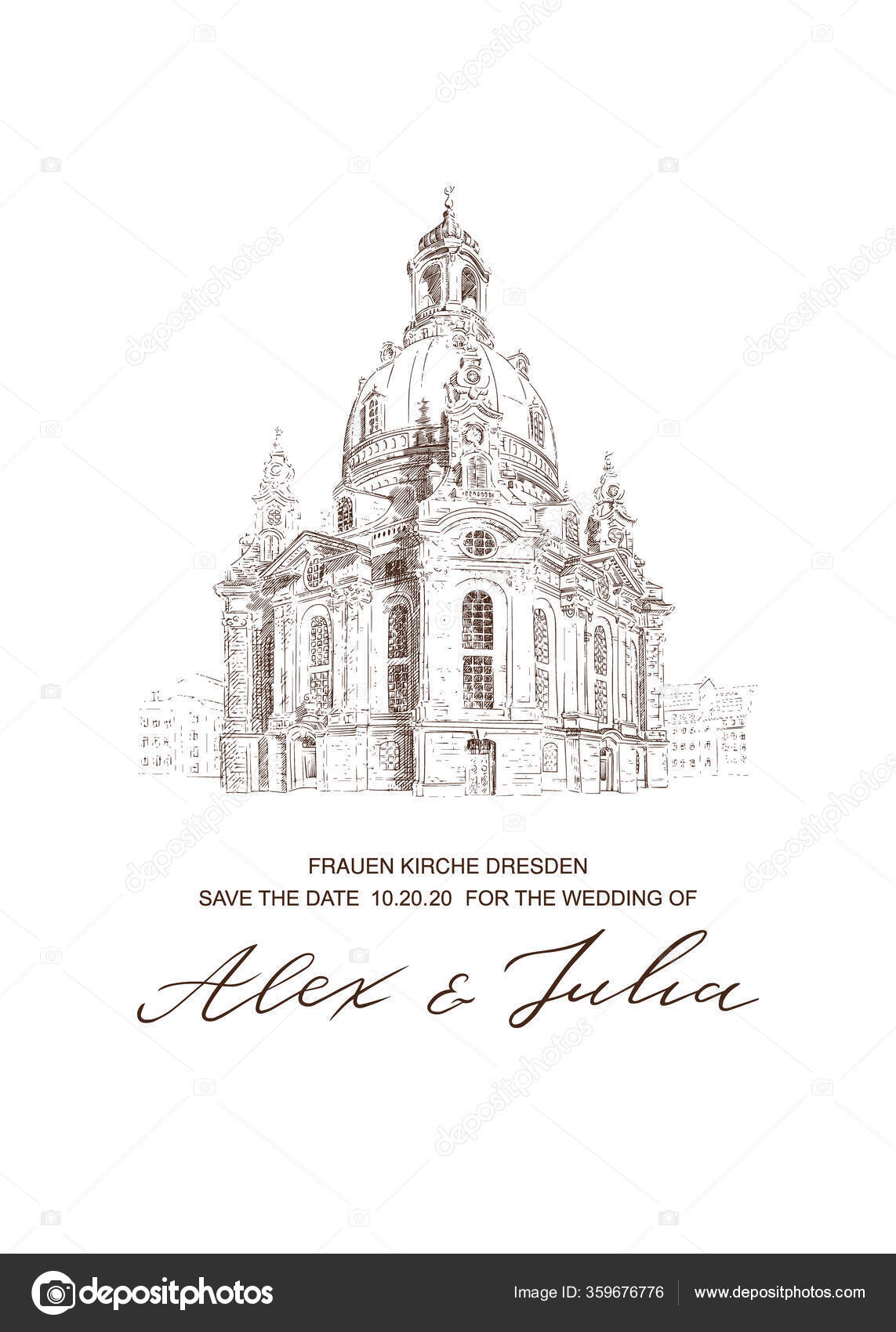 Wedding card with Frauenkirche Church in Dresden sketch. Invitation  template. Vector architecture background. Hand drawn illustration and  typography lettering poster, perfect for kraft paper print. Stock Vector  Image by ©illustraterita #359676776