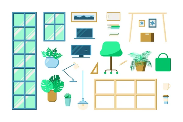 Комплект офисной мебели. Стол, стул, окна, лампы, растения, ноутбук, монитор, коробка, книги, кофе в бумажной чашке. Векторная иллюстрация — стоковый вектор
