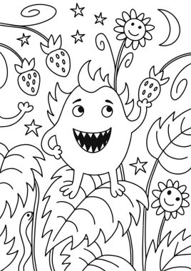 Siyah beyaz canavar hatlarının vektör çizimi ve gece arkaplanındaki çileklerle yatak. Boyama kitabı el çizimi şablonu