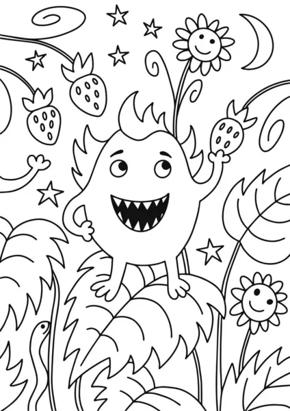 Illustration vectorielle de contour monstre noir et blanc et lit avec des fraises sur fond de nuit. Livre à colorier modèle dessiné à la main — Image vectorielle