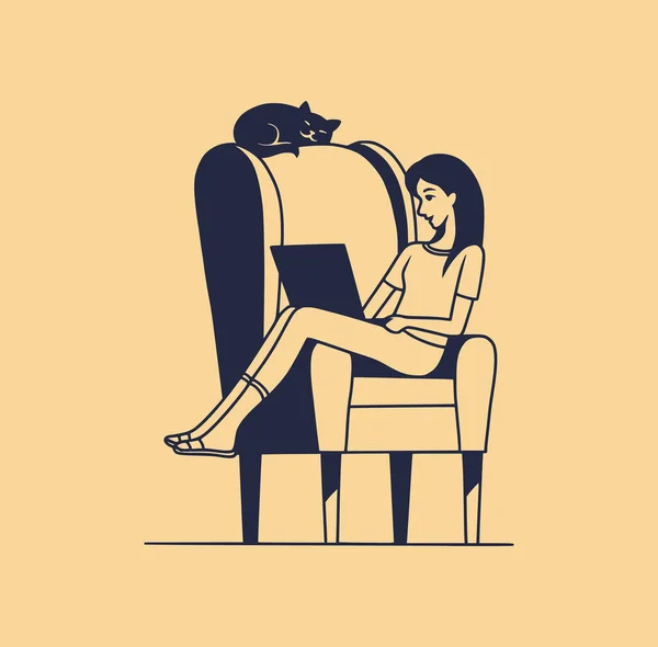 Ilustração vetorial de uma jovem sentada em uma cadeira com um laptop, sozinha. O gato dorme na parte de trás da cadeira. Home Conceito de isolamento. Estilo de desenho animado plano —  Vetores de Stock