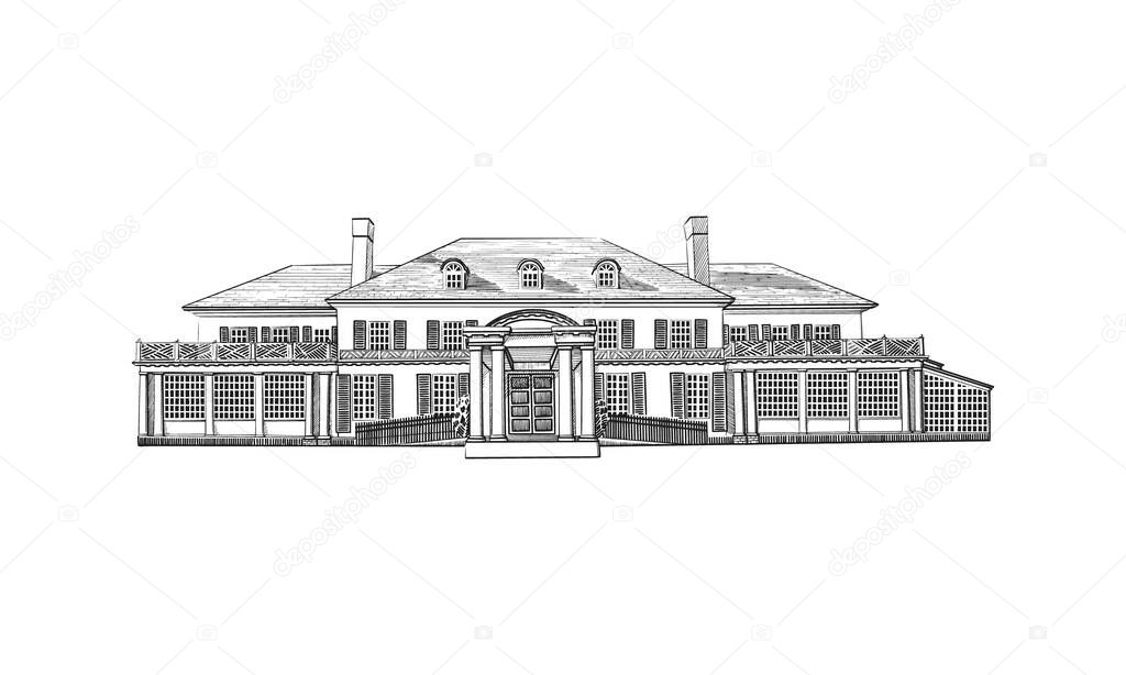 Vector illustration with Georgian style mansion, country estate. Historic Building with Hipped-roof Colonial Revival, with third-story dormers. Black and White wedding venue, architecture