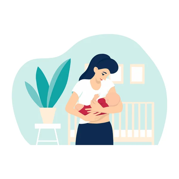 Ilustración Del Vector Lactancia Materna Madre Alimentando Bebé Con Pecho — Vector de stock