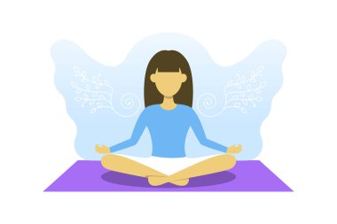 Genç kız meditasyon yapıyor. Vektör illüstrasyonu, yoga sporu, zihin konseptini özgür bırak. Lotuslu kadın melek kanatlarıyla poz veriyor.